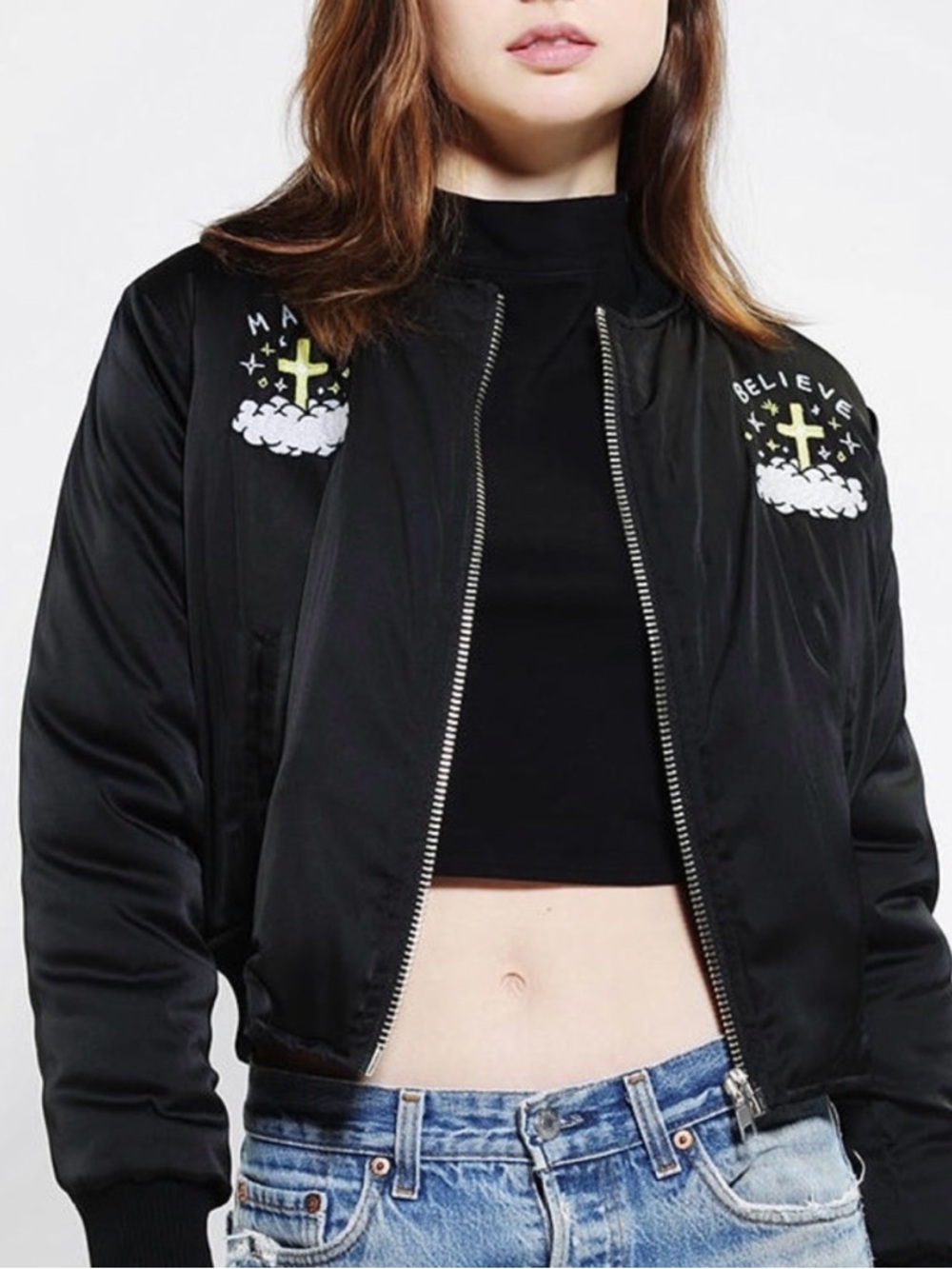 Rare! UNIF Black Embroidered Hardcore Bomber Jacket XS Unisex Y2K